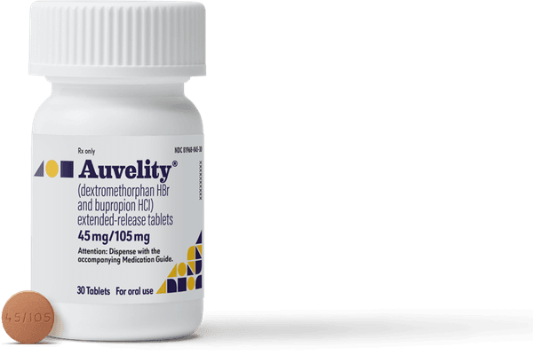 Auvelity® (dextromethorphan HBr and bupropion HCl) bottle with tablet