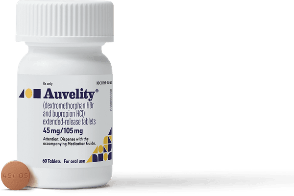 Auvelity® (dextromethorphan HBr and bupropion HCl) bottle with tablet