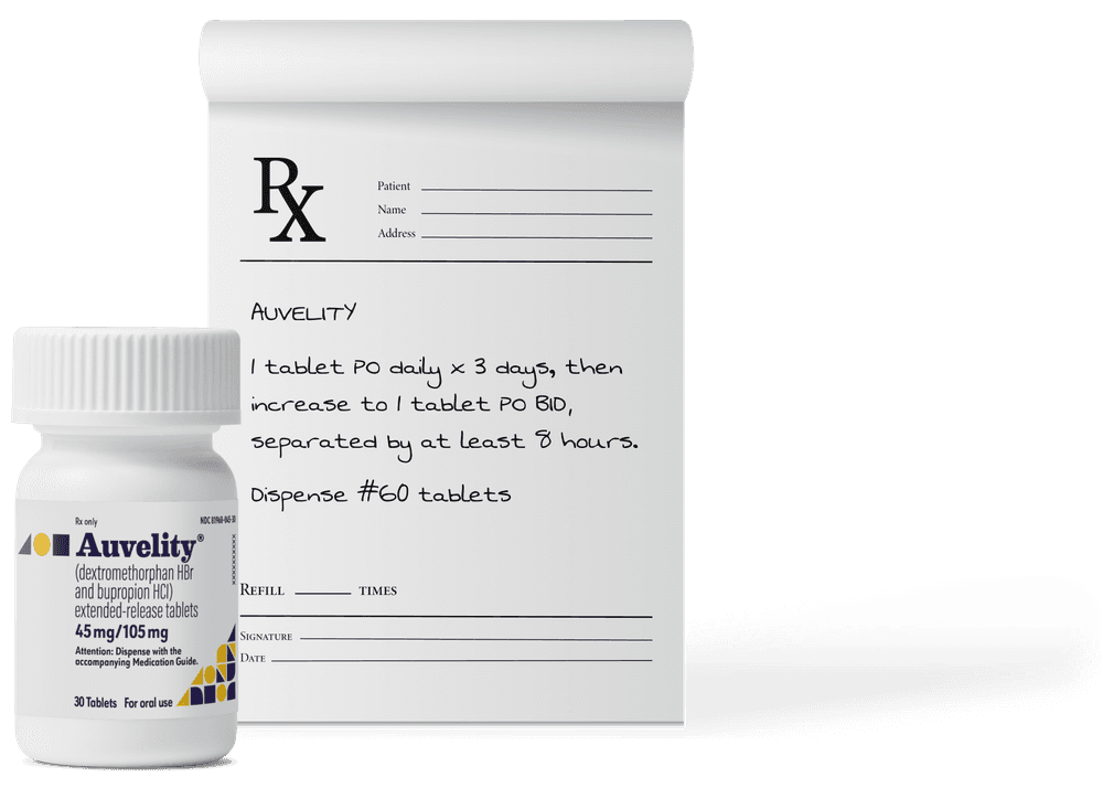 Auvelity® (dextromethorphan HBr and bupropion HCl) homepage bottle with prescription pad