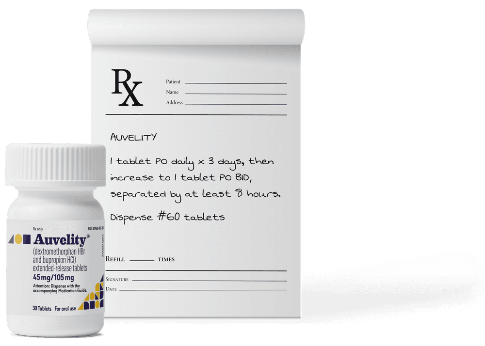 Auvelity® (dextromethorphan HBr and bupropion HCl) homepage bottle with prescription pad