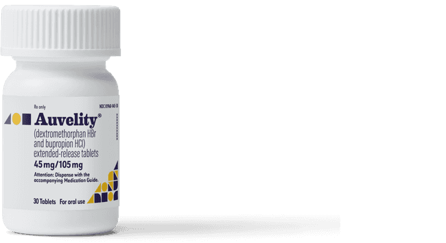 Auvelity® (dextromethorphan HBr and bupropion HCl) bottle